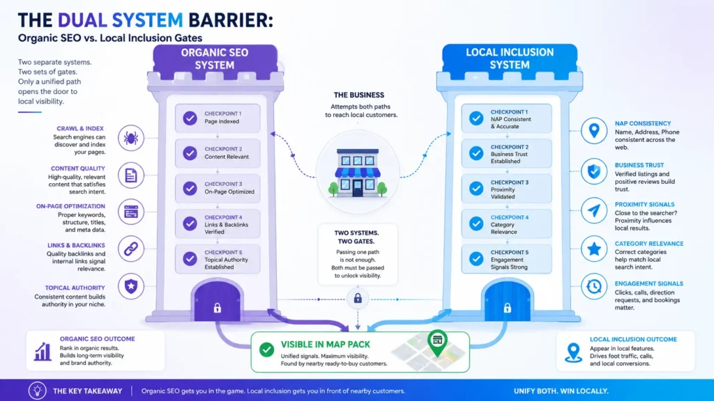 When SEO Effort Doesn’t Translate to Local Visibility: Why You’re Optimizing the Wrong System 2 organic vs local visibility gap infographic 01