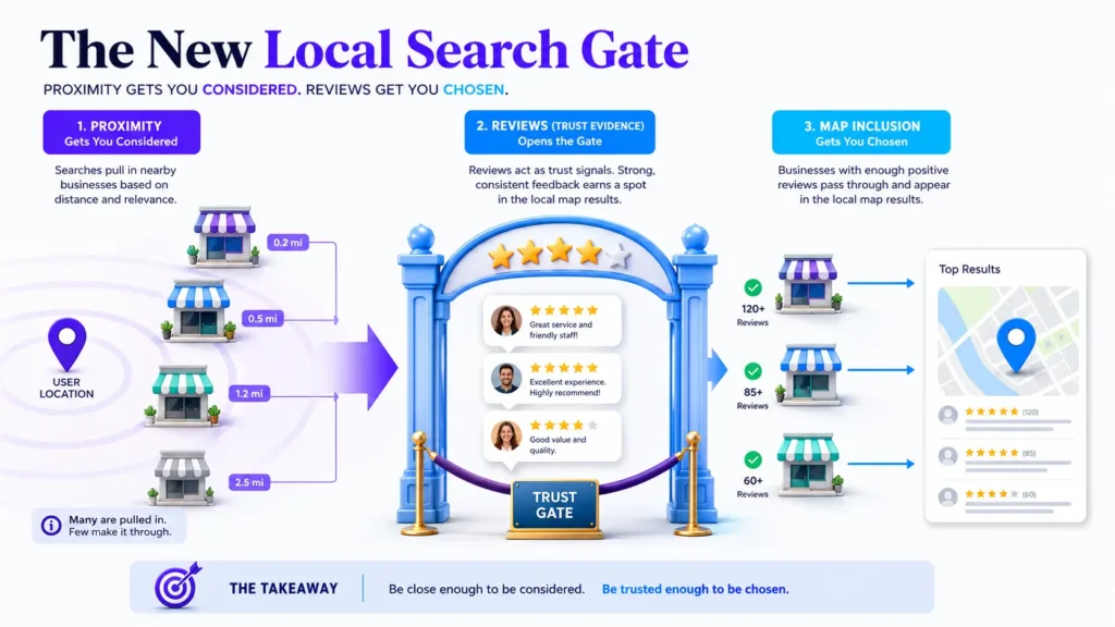 Why Reviews Control Inclusion in Local Search 2 reviews as trust evidence in local search infographic 01
